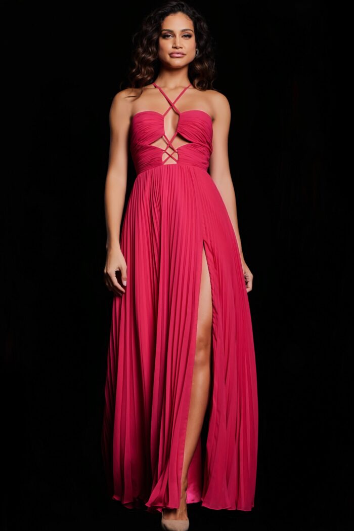 model in Jovani 39139 fuchsia gown, full-length view with criss-cross halter