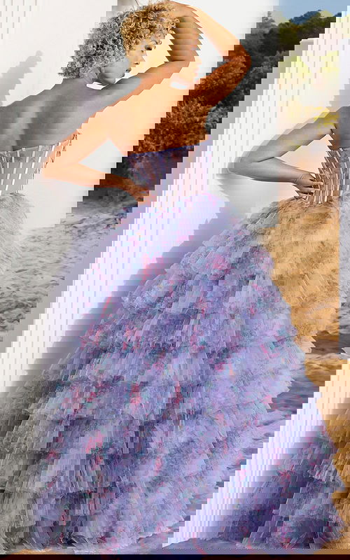 model wearing Jovani 39149 lilac dress with back view highlighting corset detail and tulle layers