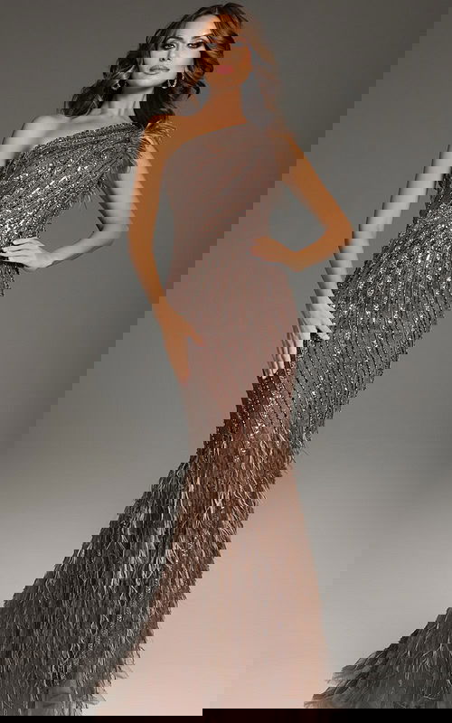 Model wearing Jovani 39170 brown gown with one-shoulder neckline, sequins, and feather detail, front view.