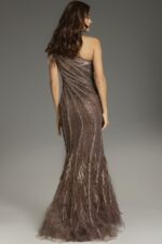Model wearing Jovani 39170 brown gown, detailed back view with sequin and feather accents.