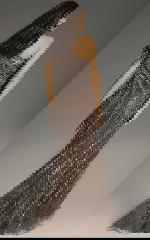 Model wearing Jovani 39170 brown gown, detailed back view with sequin and feather accents.