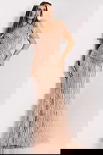 Front view of a blush feather-embellished evening gown with sequin beadwork and sheer straps