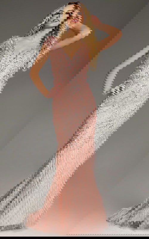 Model wearing Jovani 39174 blush gown with floral embellishments and feathered skirt, front view