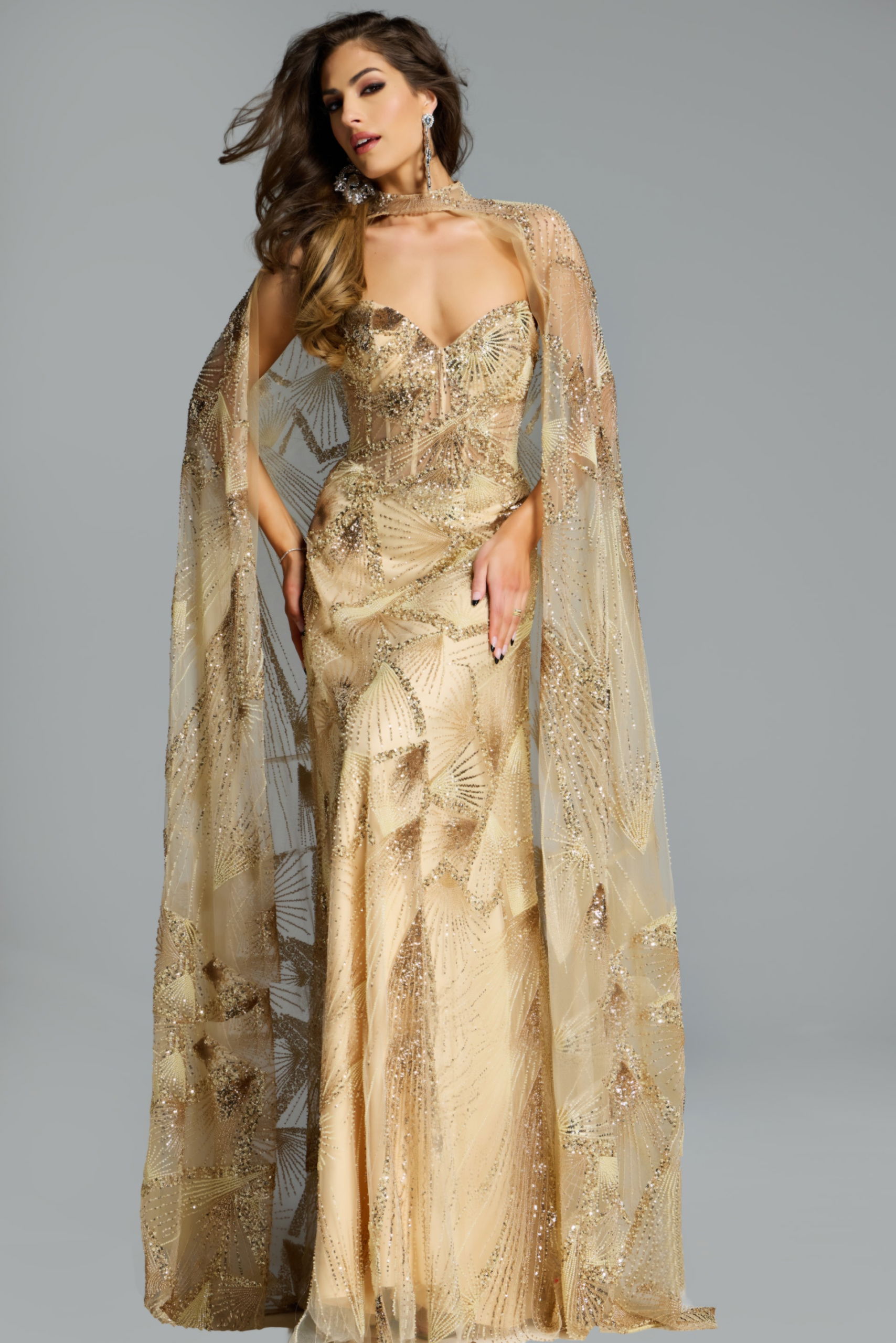 Strapless Gown with Beaded Sheer Cape 39214 Jovani