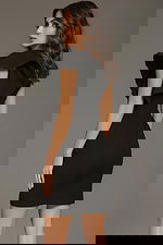 back of ruffled shoulder fitted black dress 39243