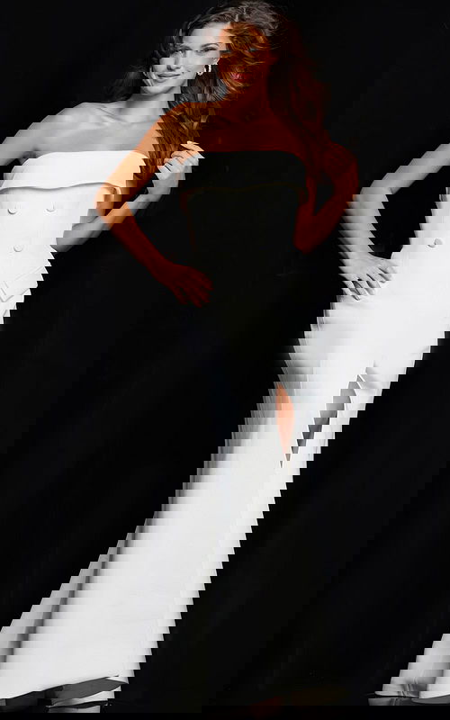 Model wearing Jovani 39244 white gown with front slit and double-breasted details.