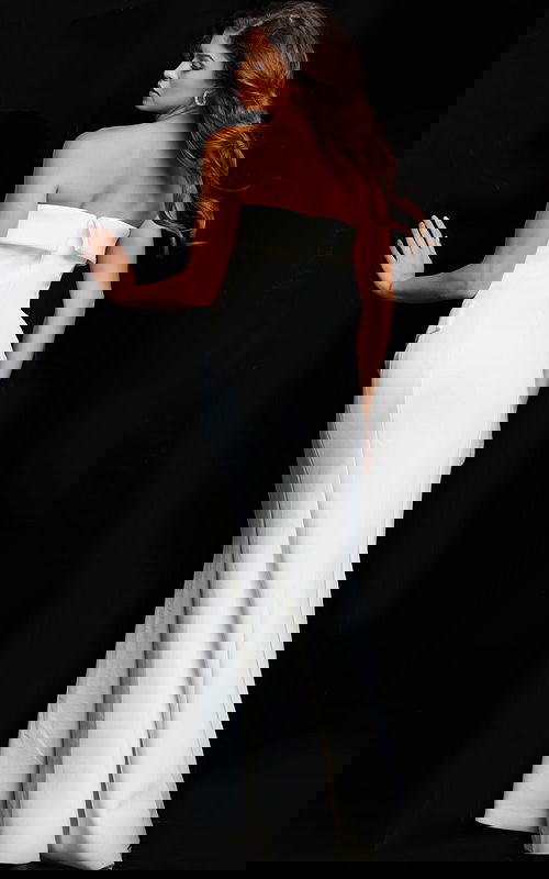 Back view of Jovani 39244 white gown emphasizing elegant silhouette.