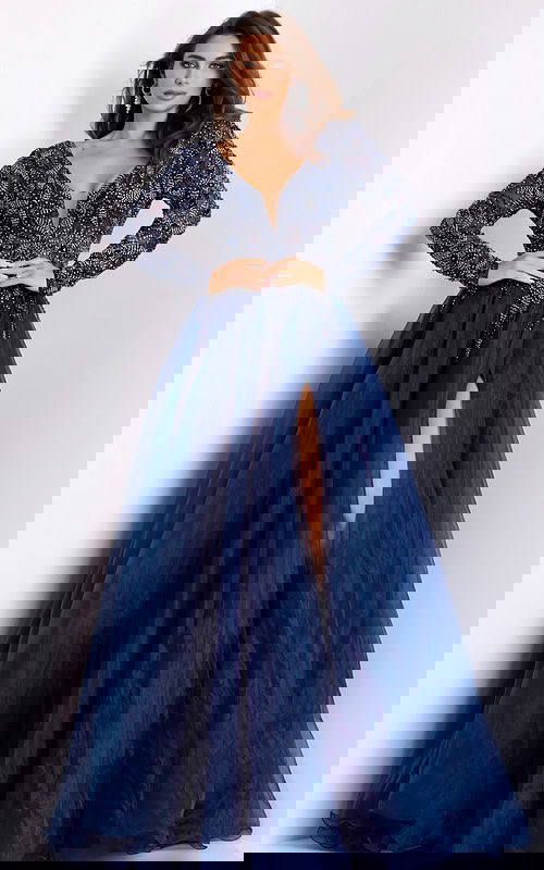 Deep V-back navy dress with shimmering beaded details