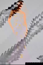 Model wearing Strapless Blue Gown with Silver Floral Embellishments 39261