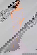 Model wearing Strapless Blue Gown with Silver Floral Embellishments 39261