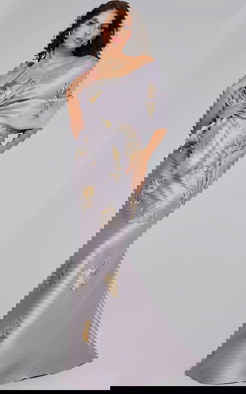 Model wearing Strapless Blue Gown with Silver Floral Embellishments 39261