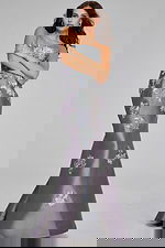 Model wearing Strapless Blue Gown with Silver Floral Embellishments 39261