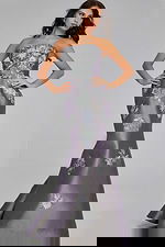 Model wearing Strapless Blue Gown with Silver Floral Embellishments 39261