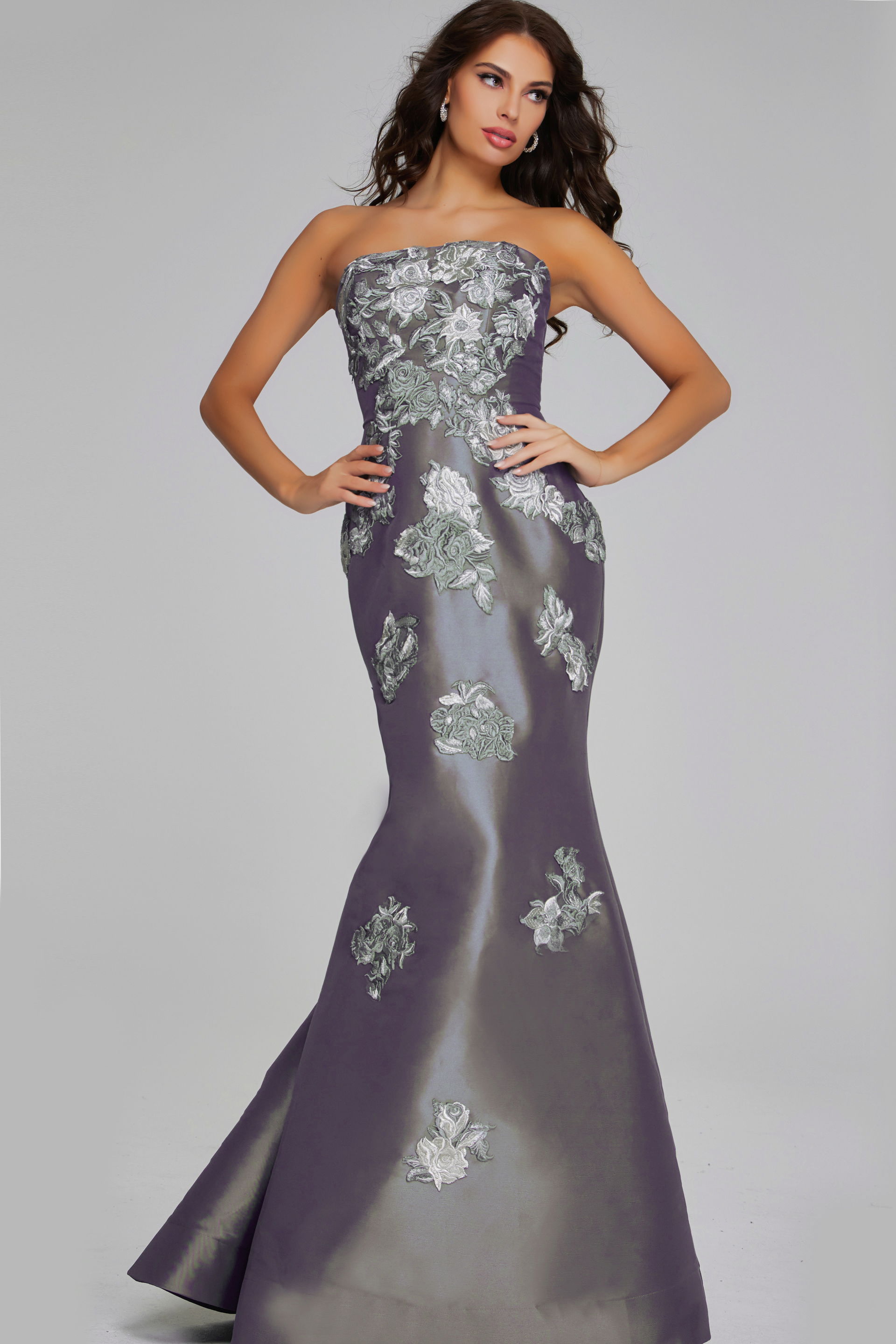 Strapless Blue Gown with Silver Floral Embellishments 39261 | Jovani