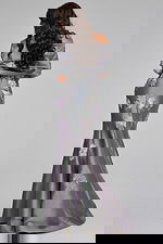 Model wearing Strapless Blue Gown with Silver Floral Embellishments 39261