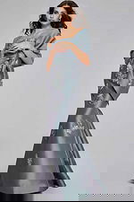 Model wearing Strapless Blue Gown with Silver Floral Embellishments 39261