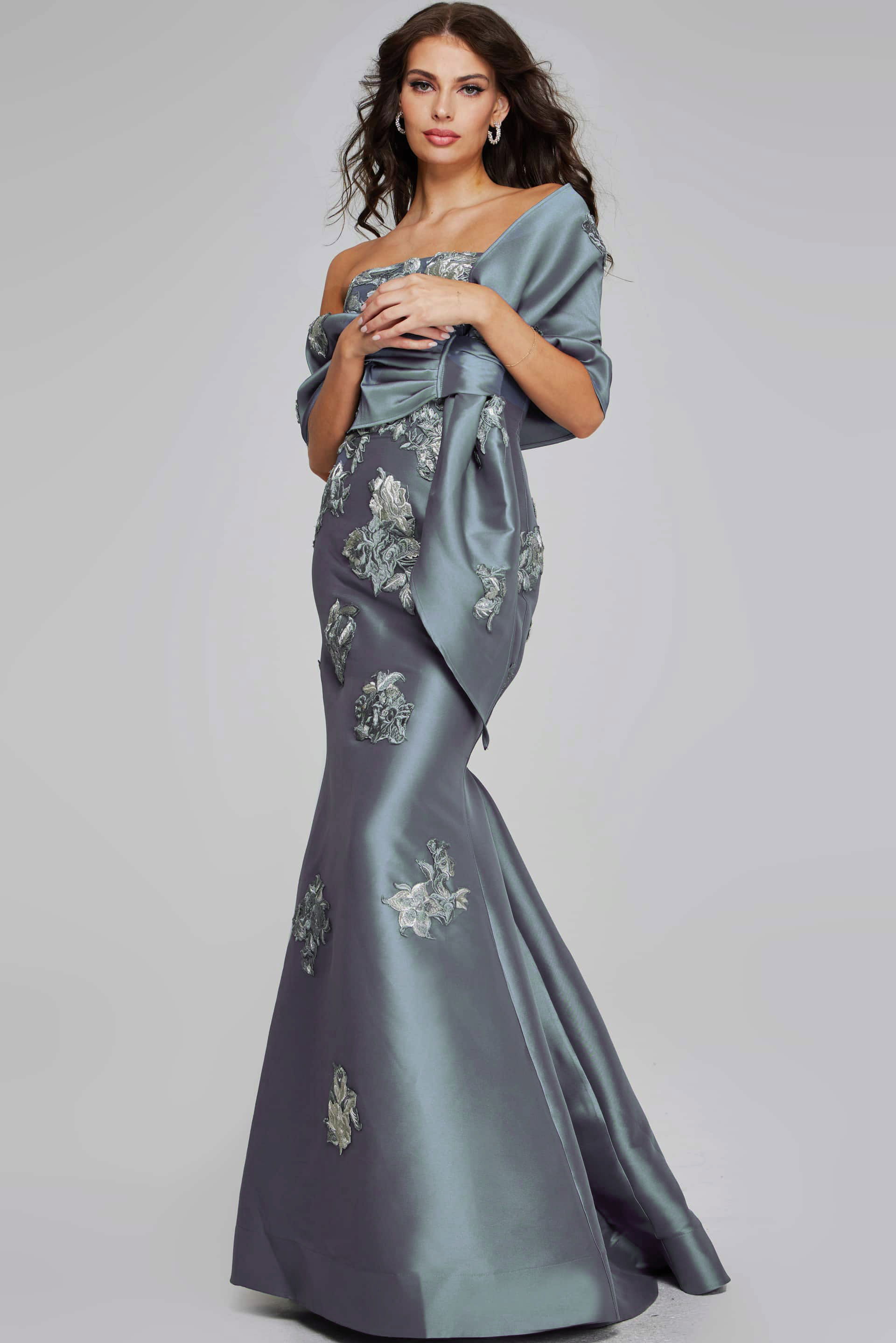 Strapless Blue Gown with Silver Floral Embellishments 39261 | Jovani