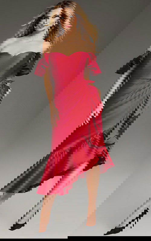 Model wearing Jovani 39264 elegant red dress with ruffled off-the-shoulder sleeves and high-low hem