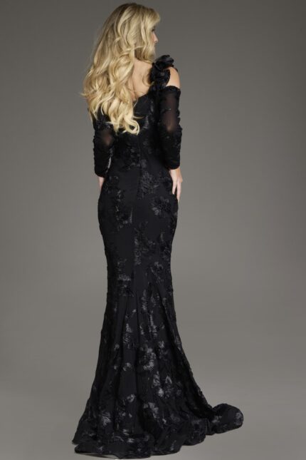 Model in Jovani 39266 showing the off-the-shoulder neckline and floral design.