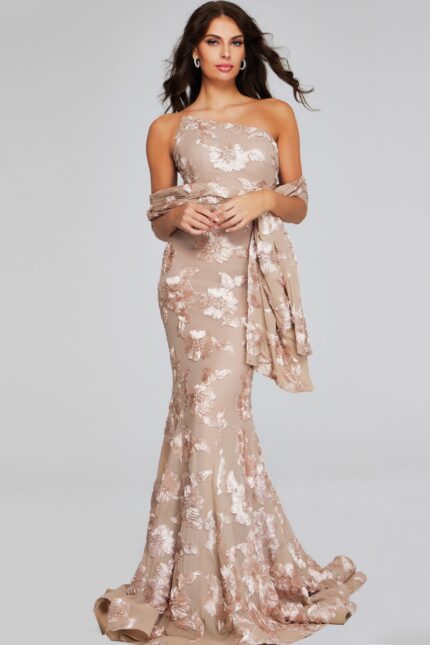 Model wearing Jovani 39267 beige gown with floral embroidery from the front.