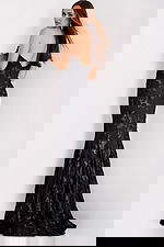 Back view of black fitted gown with V-shaped open back 39267