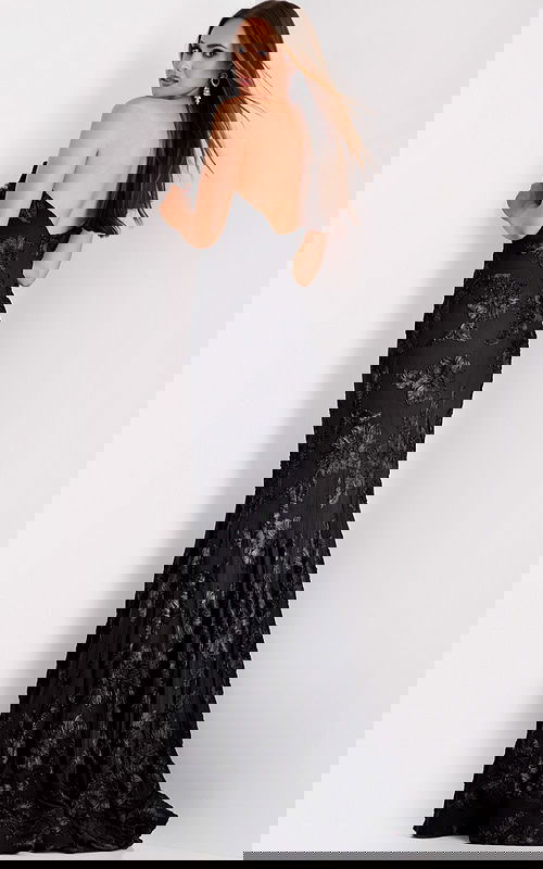 Back view of black fitted gown with V-shaped open back 39267