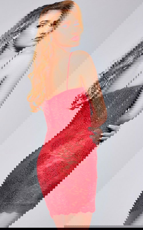 Model wearing Jovani 39332, back view of red lace dress with sequins.