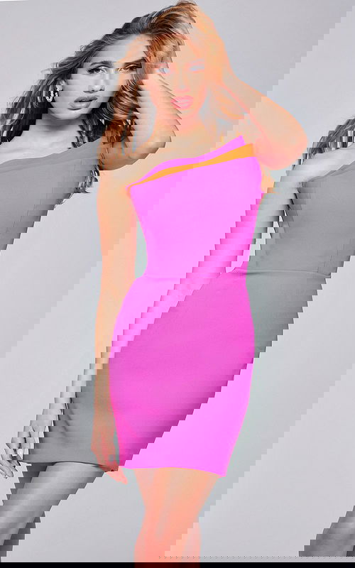 Model wearing Jovani 39347 mini dress with asymmetrical neckline in vibrant pink and orange