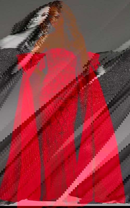 Model wearing Jovani 39377 front view with red gown, strapless, embellished bodice, and detachable cape.