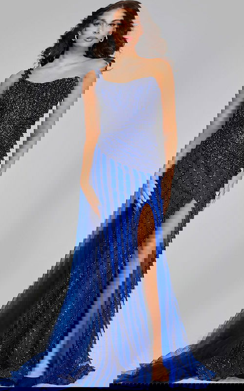 model wearing Jovani 39386 navy gown with beaded design and one-shoulder neckline