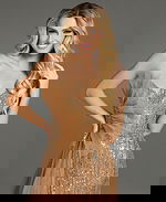 model in 39387 brown gown showcasing sweetheart neckline and sequins