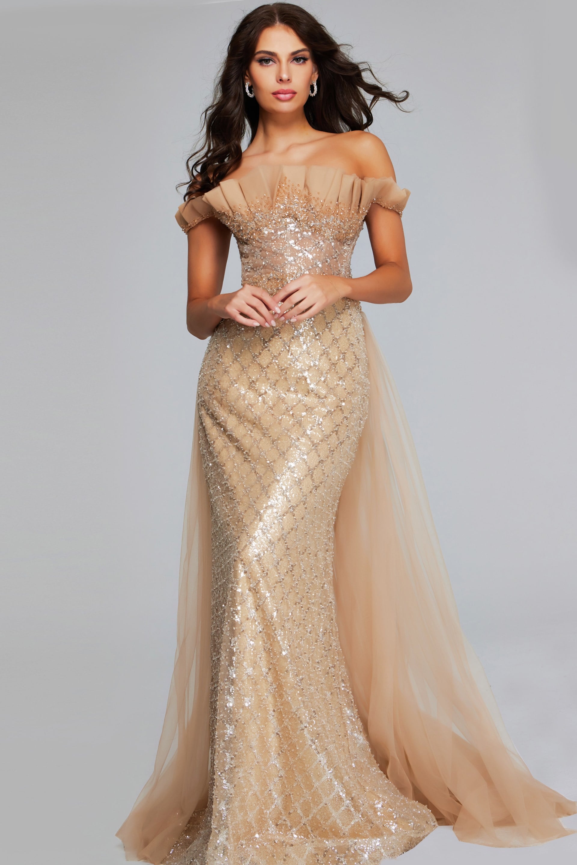 Gold Off-Shoulder Sequin Gown 39389 | Jovani