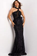 Fitted black formal dress with sheer back and floral waist detailing