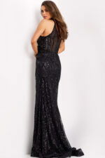 Back view of a sleeveless sequin gown with illusion mesh paneling