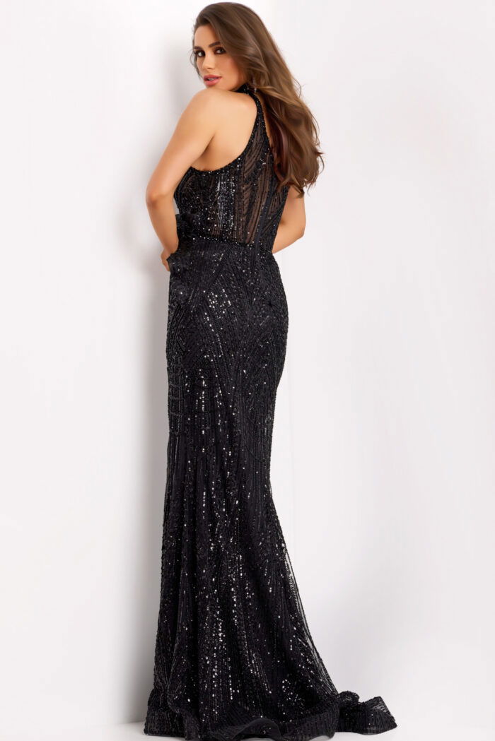 Back view of a sleeveless sequin gown with illusion mesh paneling