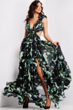 Model wearing Jovani 39420 multi dress capturing movement in front view