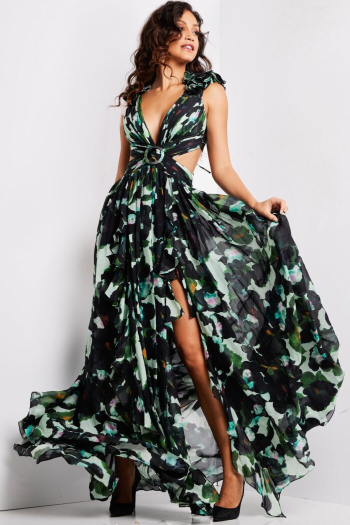 Model wearing Jovani 39420 multi dress capturing movement in front view