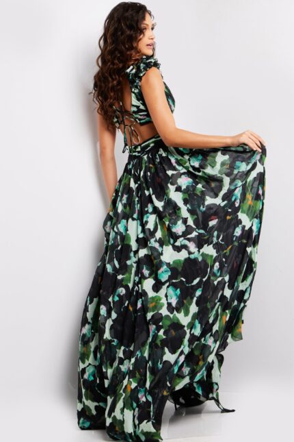 Model wearing Jovani 39420 multi dress back view