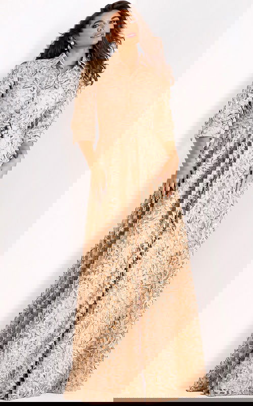 Champagne embroidered evening gown with collar and belt