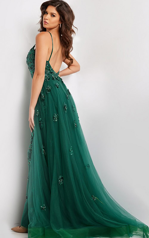 Model wearing 39434 green gown with sequins, back view