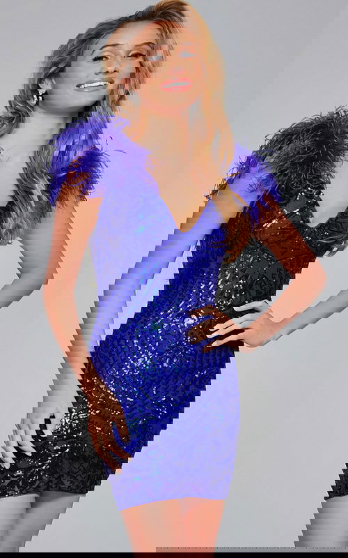 Model wearing Jovani 39448 royal blue sequined dress with feathered cap sleeves, front view.