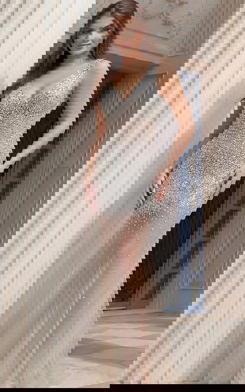 Jovani 39502 silver and nude crystal encrusted pageant gown with deep V-neckline, allover rhinestone embellishment graduating from dense coverage at the bodice to scattered crystals on the sheer tulle skirt.