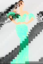 Green off-shoulder evening gown with puff sleeves and slit