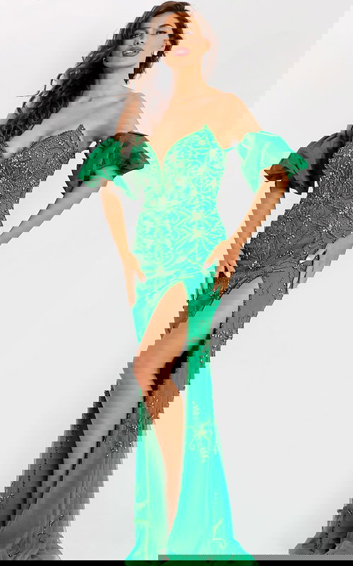 Glamorous fitted sheath gown with puff sleeves and thigh slit