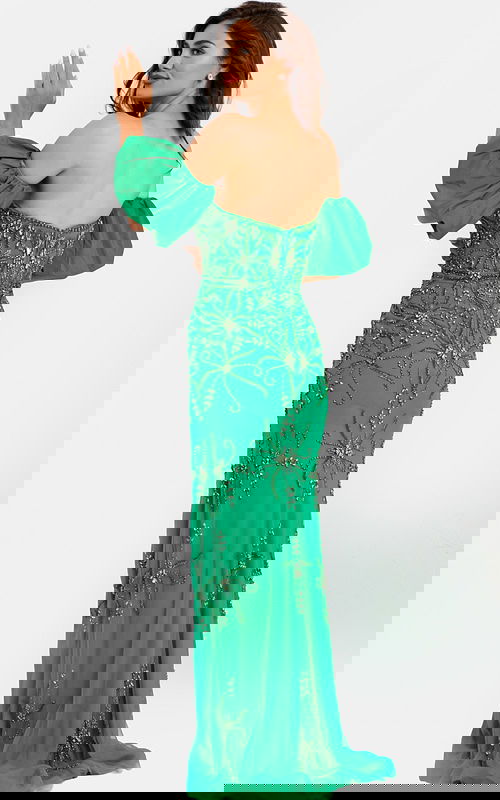 Bold green evening dress with sweetheart neckline and open back