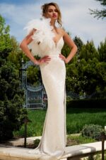 Front view of model wearing Jovani 39617 white gown with high slit and V neckline.