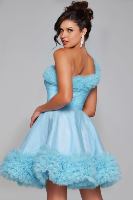 Back view of Jovani 39665 in blue, showcasing the one-shoulder neckline and ruffled hem.
