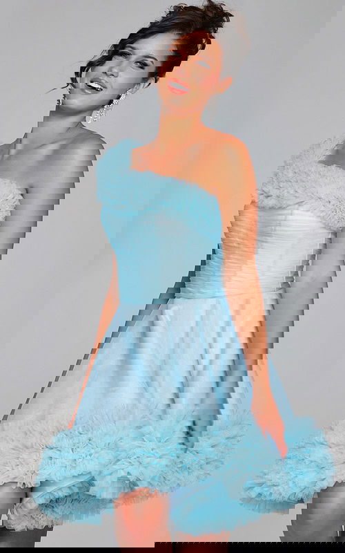 Model wearing Jovani 39665 in blue, one-shoulder cocktail dress with ruffle detailing.