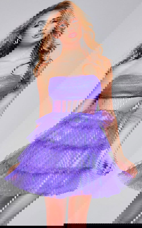 Model wearing Jovani 39666 purple dress, front view.