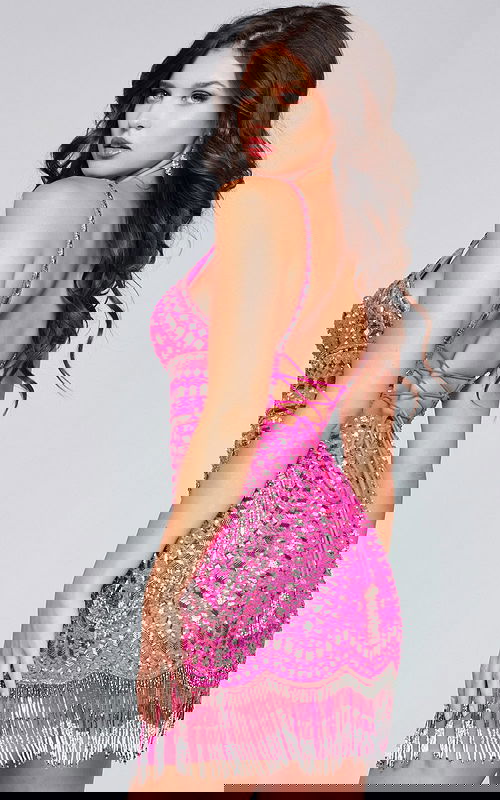 Model showing open back of Jovani 39706 pink sequin fringe dress